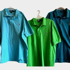 Lot of 3 Polo Ralph Lauren Solid Short Sleeve Polo Shirts 2XL XXL Green Blue Y2K